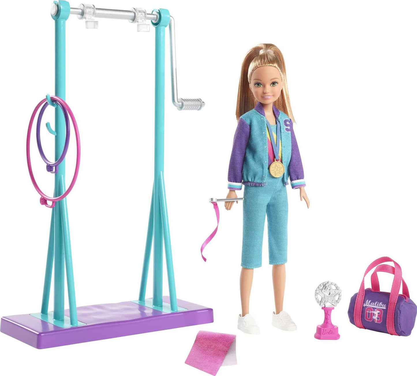 Barbie Team Stacie Doll and Gymnastics Playset with Spinning Bar and 7 Themed Accessories for 3 to 7 Year Olds
