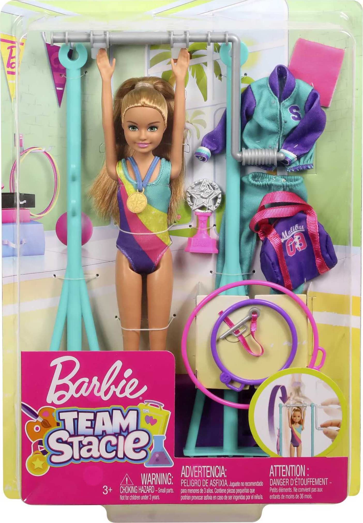 Barbie Team Stacie Doll and Gymnastics Playset with Spinning Bar and 7 Themed Accessories for 3 to 7 Year Olds